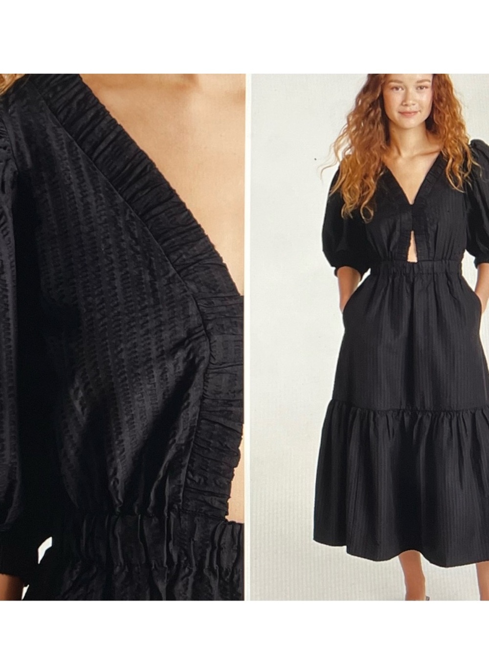 NWT| Sea Sevyn Black V-Neck Puff Sleeve Midi Dress with Cutout